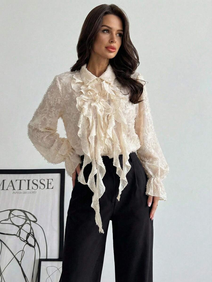 Firerie Women's Elegant Delicate Romantic Retro Palace Style Ruffle Jacquard Textured Button Flare Sleeve Apricot Blouse, Autumn,Spring - Apricot - View 1