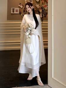 DAZY 少女束腰网纱披肩带连衣裙，优雅连衣裙 - 白色 - 查看 8