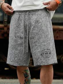 DAZY Men's Letter Print Washed Gray Elastic Waist Shorts, Summer - Grey - View 5