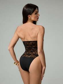 SHEIN Tall Women's Black Lace Bodysuit: Strapless Sleeveless Knitted Sheer Floral Lingerie Top - Black - View 3