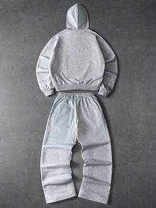 Manfinity Roghcode 男士休闲纯色连帽衫和抽绳裤套装，男士弹力纯色街头风灰色保暖运动套装，男士运动服，男士两件套运动服，秋冬春夏皆宜，夏季，度假，复古，外出，派对，节日，送男友的礼物，街头风，健身 - 灰色 - 查看 2