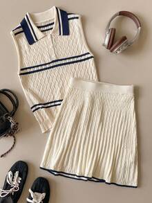 SHEIN Unity Spring/Summer New Women's White Elastic Waist Twist Knit Hem Contrast Color Skirt, Fashionable Retro Collegiate Style, Versatile For Summer Outfits - Apricot - View 5