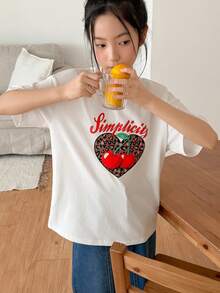 DAZY Tween Girls' Casual Vacation & Commute Fashion Leopard, Heart, Cherry, Letter Print Loose Fit T-Shirt, Summer - White - View 5