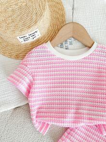 LMoss Kids 2pcs Baby Girl Knitted Striped Round Neck T-Shirt And Shorts Set Summer Toddler Sets Pink Short Set Girl Short Sets Pink Two Piece Set Toddler Girl - Pink - View 4