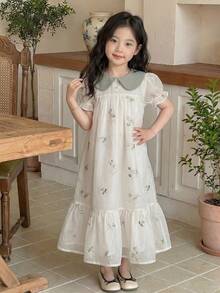 SHEIN Đầm công chúa dáng dài cho bé gái, cổ áo phối màu, thêu hoa và tay áo cánh hoa. - Nhiều màu - Xem 3