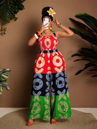 Maweii Plus Size Women's Vacation Colorful Pattern Print Design Contrast Color Splicing Elastic Waist Drawstring Halter Backless Bow Tie Wide Leg Jumpsuit, Suitable For Beach Vacation, Spring Outing, Night Date