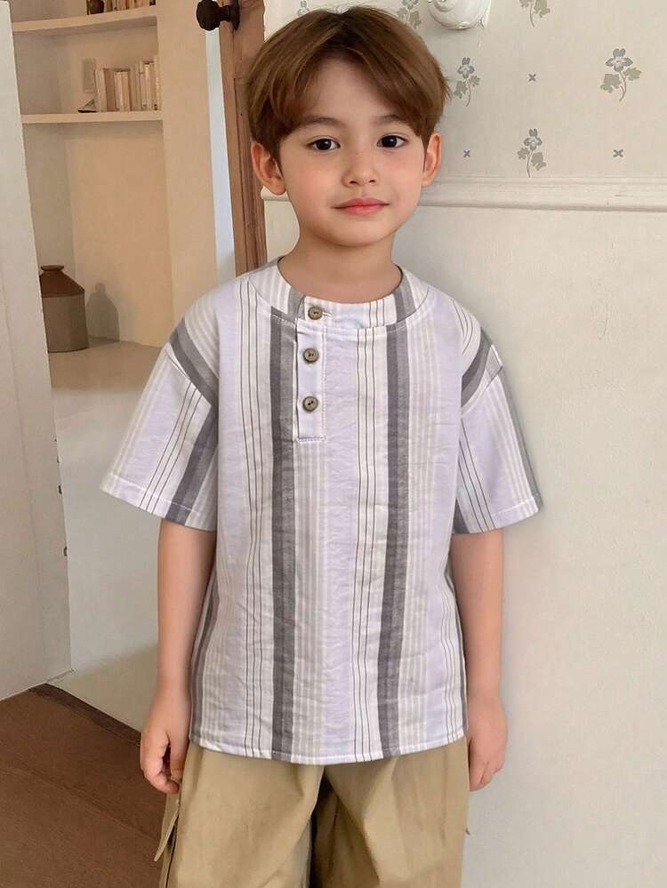 Young Boy Summer Casual Everyday Striped Button Decor Short Sleeve Shirt