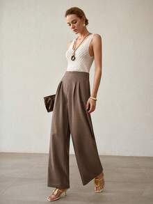 MOTF PREMIUM SOLID HIGH WAIST FOLD PLEATED WIDE LEG PANTS - Brown - View 6
