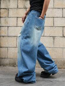 Manfinity EMRG Quần jeans nam dáng suông, phong cách thường ngày, bạc màu và rách. - Rửa trung bình - Xem 3