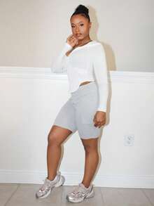 Steph T Women's Hooded Drawstring Waistband Zipper Design Pockets Short Fitted Length Sweatshirt With Long Sleeves,Long Sleeve Tops Jacket - White - View 6