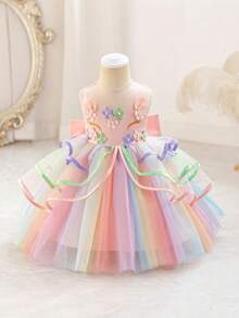 Glamorique Kids 女婴圆领3D立体花卉装饰网纱可爱派对连衣裙 - 粉色 - 查看 3