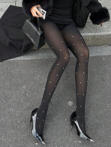 DAZY Legging Ketat Wanita Motif Polkadot Renda Gaya Y2K - Hitam - View 6