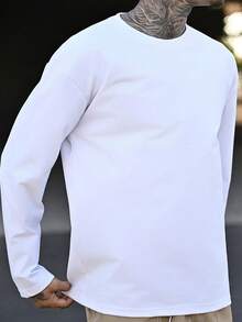 Devon Thys Men's All-Match Solid Color Casual Long Sleeve T-Shirt, Versatile, Spring/Autumn, Fall - White - View 3