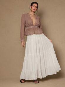 Freevana Plus Size Romantic Elegant Black Lace Patchwork Long Sleeve Blouse For Women - Brown - View 6