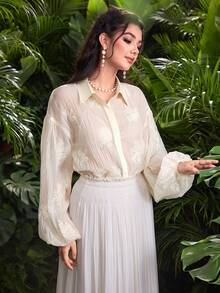 Modelyn Elegant Embroidered Front Button Apricot Shirt, Autumn - Apricot - View 5