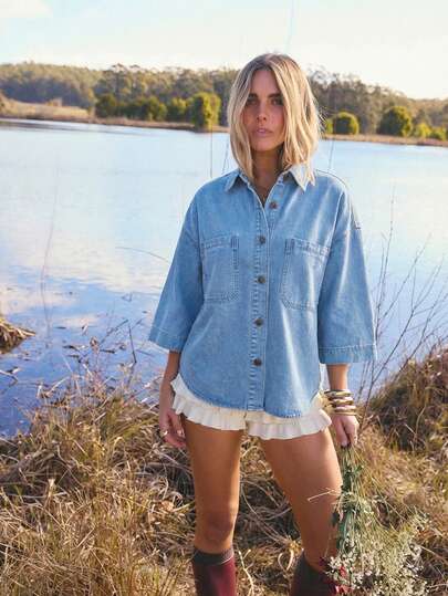 Aralina Women's Drop Shoulder 3/4 Sleeve Single-Breasted Casual Pocket Denim Shirt