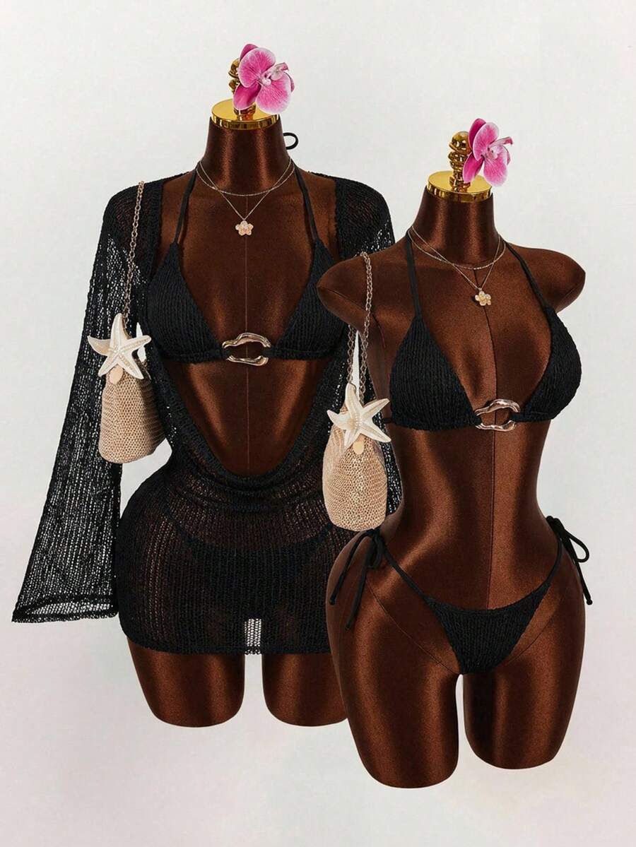 Amplova 3件套女士性感挂脖比基尼套装 - 上衣、下装和罩衫 - 黑色 - 查看 1