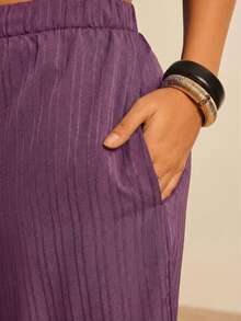 Freevana 加大码白色纹理面料宽松休闲阔腿裤，带口袋，适合海滩度假 - 淺灰紫 - 查看 4