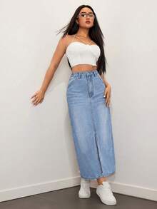 SHEIN EZwear Falda vaquera recta con bolsillos sesgados y lavado casual - Lavado ligero - Ver 3