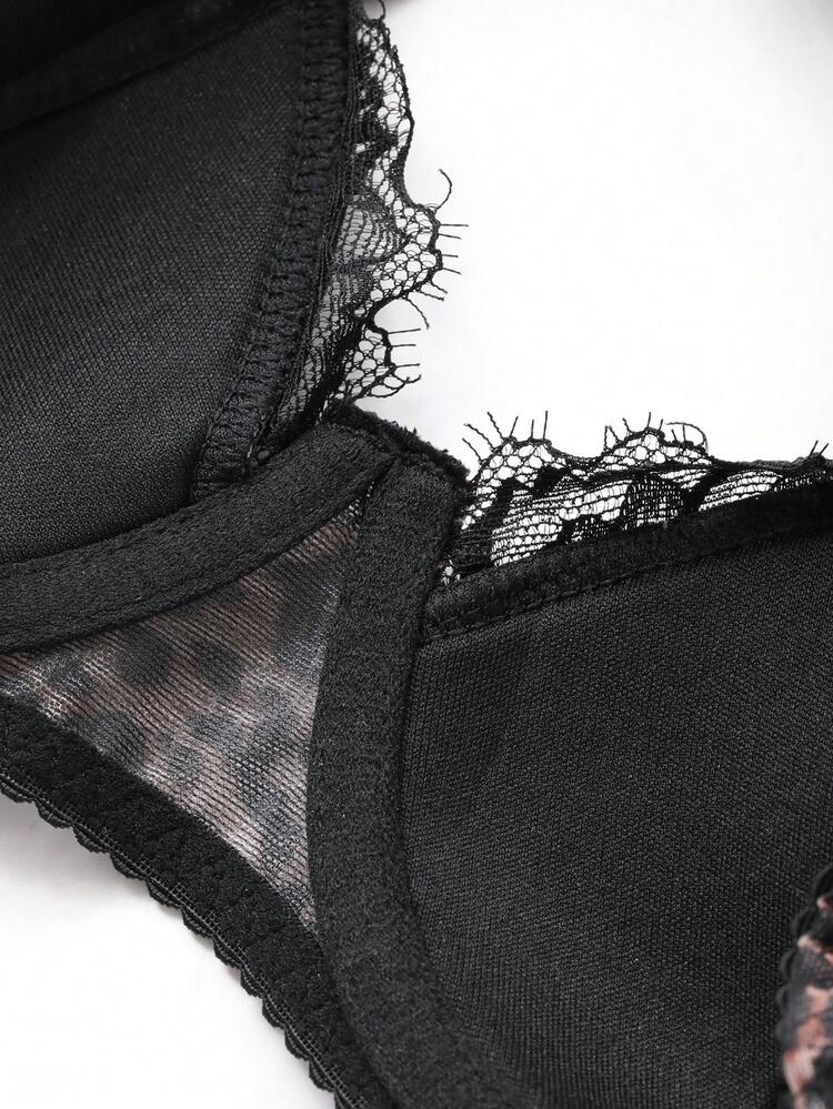 2pcs Leopard Print Mesh & Lace Adjustable Strap Lingerie Set, Sexy & Alluring, Suitable For Summer & Spring