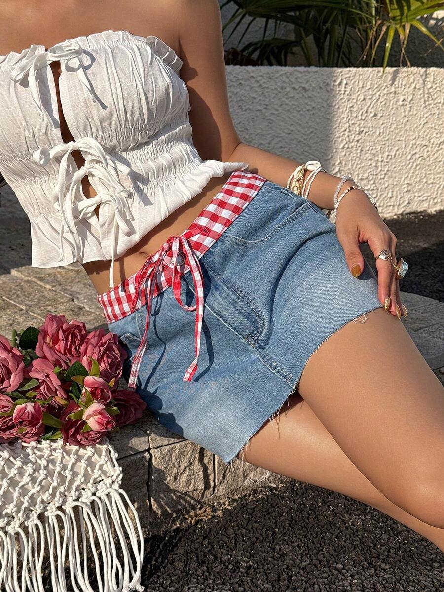 Sunnyshic Fashionable Casual Patchwork Plaid Denim Mini Skirt - Medium Wash - View 1