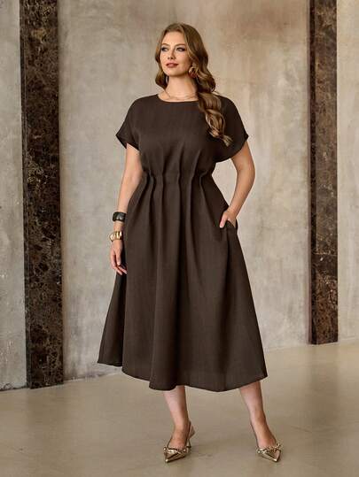 Roveilla 大码女式格子亚麻圆领落肩袖腰部褶裥A字长裙，优雅法式复古通勤商务休闲街头风简约百搭下午茶派对春夏新款