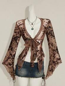 SHEIN ICON Asymmetrical Hem Flare Sleeve Retro Flocked Mesh Sheer Cardigan For Women - Brown - View 3