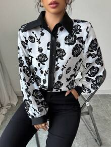 Modelyn 女士春夏梭织数码印花长袖立领休闲浪漫衬衫 - 黑色 - 查看 4