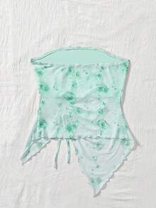 KARISMINA Top de mujer de ajuste ceñido, estampado, con escote sin tirantes y bajo regular/asimétrico, de malla tejida, para vacaciones, tops de verano - Verde - Ver 4