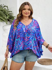 SHEIN CURVE+ Áo kiểu dáng ôm vừa vặn, size US22, thích hợp cho lễ hội âm nhạc, kỳ nghỉ bên bờ biển, phong cách Bohemia, cổ chữ V, tay bồng, dáng rộng, thích hợp cho kỳ nghỉ hè, áo kiểu Bohemia. - Nhiều màu - Xem 7