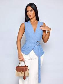 SOLERSUN Sexy And Elegant Women's Casual Denim Blue Suit Vest/Thin Jacket, Old Money Style, Suitable For Spring And Summer. - Blue - View 7