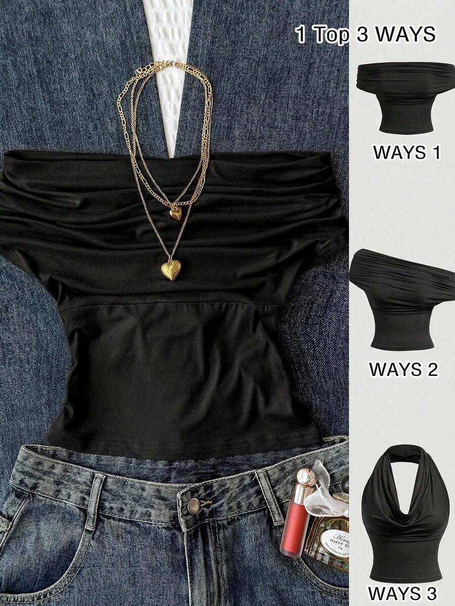 Teen Girl Black Summer Tube Top Strapless Off-Shoulder Fitted Cargo Holiday Top,Versatile Y2k Solid Color High Neck Elegant Top For Beach Vacation - Black - View 1
