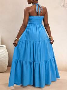 Swim Vcay Đầm dài xếp ly cổ chữ V, dây mảnh, hở lưng, chất liệu 100% cotton, kiểu dáng rộng rãi, thoải mái, thích hợp cho kỳ nghỉ biển của phụ nữ. - Màu xanh lam - Xem 2