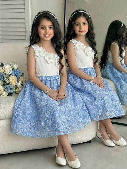 SHEIN 1件女童优雅时尚可调节吊带短款纯色连衣裙，饰有3D珍珠花朵，适合毕业典礼、婚礼、正式场合、休闲外出和派对等场合。