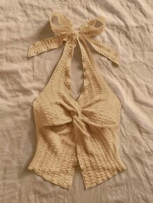 Soleia Áo hai dây gợi cảm, thời trang với đường viền xoắn, xẻ tà, hở lưng, buộc dây cổ. - Màu Khaki - Xem 4
