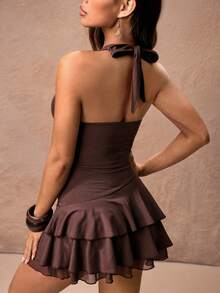 ROMWE PETITE 嬉皮风太阳图腾刺绣女士露背多层下摆短裙 - 棕色 - 查看 2