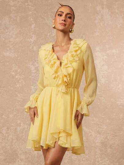 Lumalex 女士时尚纯色荷叶边长袖连衣裙，夏季