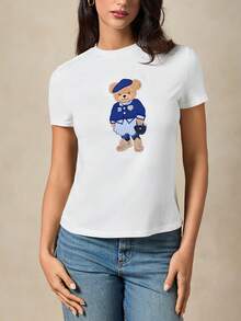 Briarwyn 2026 New Arrive Women's Casual Cartoon Bear Embroidered Round Neck Short Sleeve T-Shirt, Summer For Women, Valentines For Women, Beach, Going Out Top, Graphic Tee Women - White - View 4