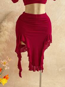 Soleia Bộ đồ nữ gợi cảm, kiểu dáng lệch vai, xếp ly, vạt bất đối xứng, thích hợp cho kỳ nghỉ, hẹn hò, tiệc trà chiều, du lịch, lễ hội âm nhạc, phong cách Bohemian. - Đỏ - Xem 4