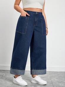 SHEIN CURVE+ Plus Size Blue Denim Straight Leg Cropped Jeans With Zipper Detail And Pockets - Blue - View 4