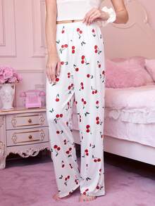 Bonmuse 女士白色樱花印花睡裤 - 柔软休闲家居裤，红色樱花和绿色叶子图案，弹性腰带，可机洗，夏季穿着下装，方便舒适 - 白色 - 查看 4
