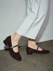 Women's 3cm Cloth Covered Heel Fashion Versatile White Mary Jane Pumps, Suitable For All Seasons - Brown - View 4