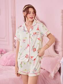 Bonmuse 2pcs Women Summer Lemon Wineglass Print Pajamas Set, Short Sleeve Collared Cardigan Top And Elastic Waist Shorts, Casual Pajamas & Loungewear Set For All Seasonsfor Summer - White - View 1