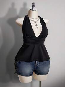 SHEIN ICON Áo camisole chấm bi hở lưng cổ chữ V eo thon dáng chữ A cỡ lớn, áo camisole chấm bi hở lưng kiểu retro Y2K, áo babydoll chấm bi hở lưng. - màu đen - Xem 9