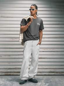 Modcrash Camiseta de manga corta de cuello redondo con estampado de letra y araña, informal para hombres, para verano - Gris Oscuro - Ver 4