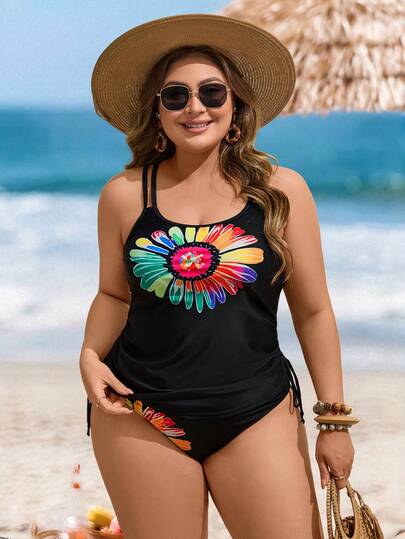 Swim Lushoire Plus Size Women's 2pcs Printed Spaghetti Strap Drawstring Top And Triangle Bottoms Vacation Bikini Swimsuit
