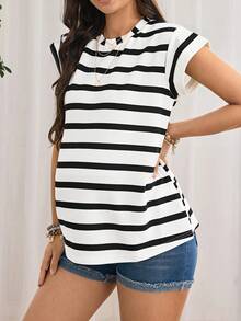 孕妇休闲条纹拼色 T 恤，孕妇装夏季 - 黑與白 - 查看 3