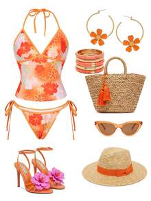 Swim Vcay Women's Summer Beach Floral Print Halter Tie Top And Triangle Bikini Bottom Swimsuit Set - Pink - View 1