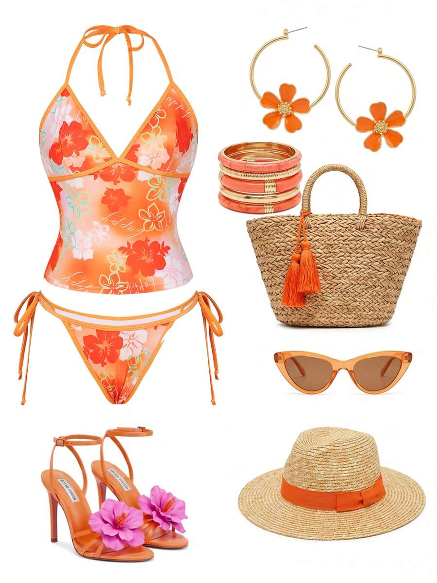 Swim Vcay Women's Summer Beach Floral Print Halter Tie Top And Triangle Bikini Bottom Swimsuit Set - Pink - View 1