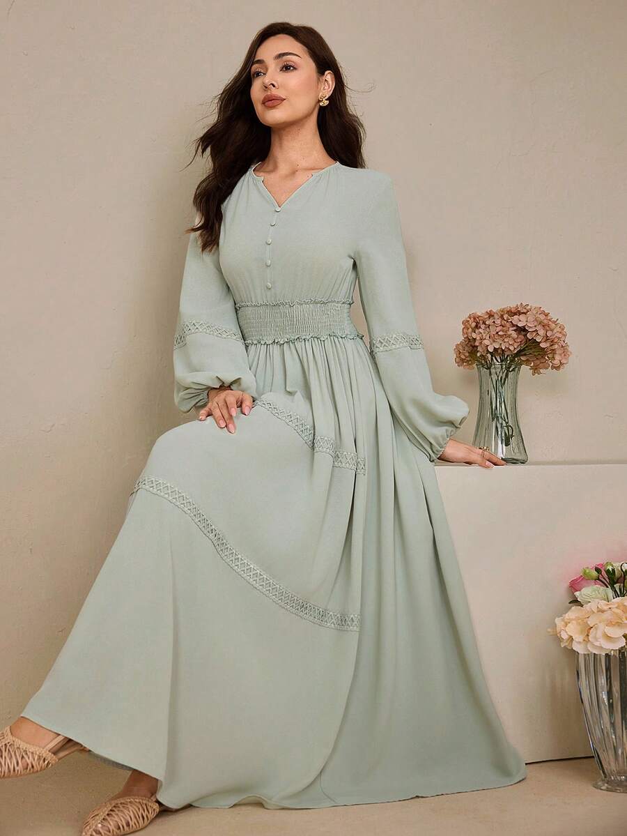 Graceveil 女士灯笼袖花卉蕾丝腰部喇叭连衣裙 - 綠色 - 查看 1